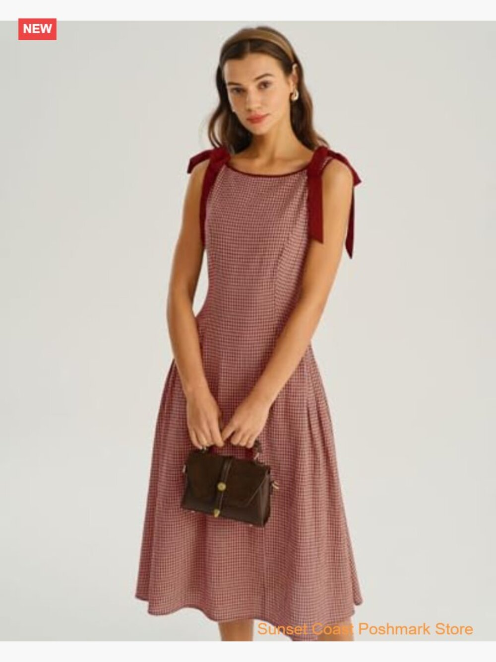 Women's Plaid A-Line Midi Dress Boat Neck Sleeveless Casual Vintage - Picture 4 of 7